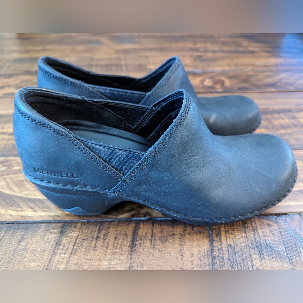 Merrell Emma Black Nubuck Leather Slip On Clog Loafer Shoes Womens Size 6 Casual